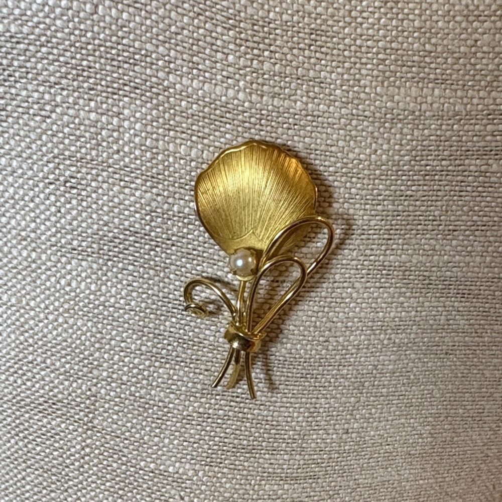 Gold Floral Brooch with Faux Pearl Detail